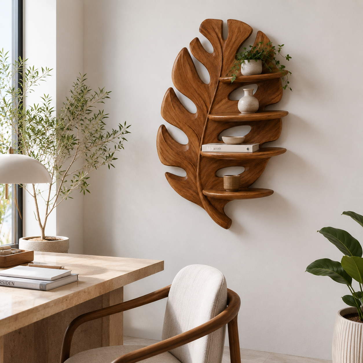 Monstera Leaf Wood Wall Shelf – Solid Wood Floating Display Shelf for Living Room Decor