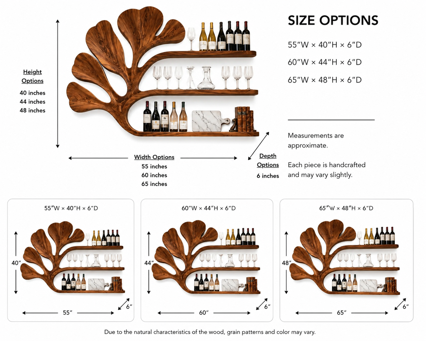 Ginkgo Leaf Wood Bar Shelf – Solid Wood Wall Mounted Wine Display Shelf for Kitchen Decor