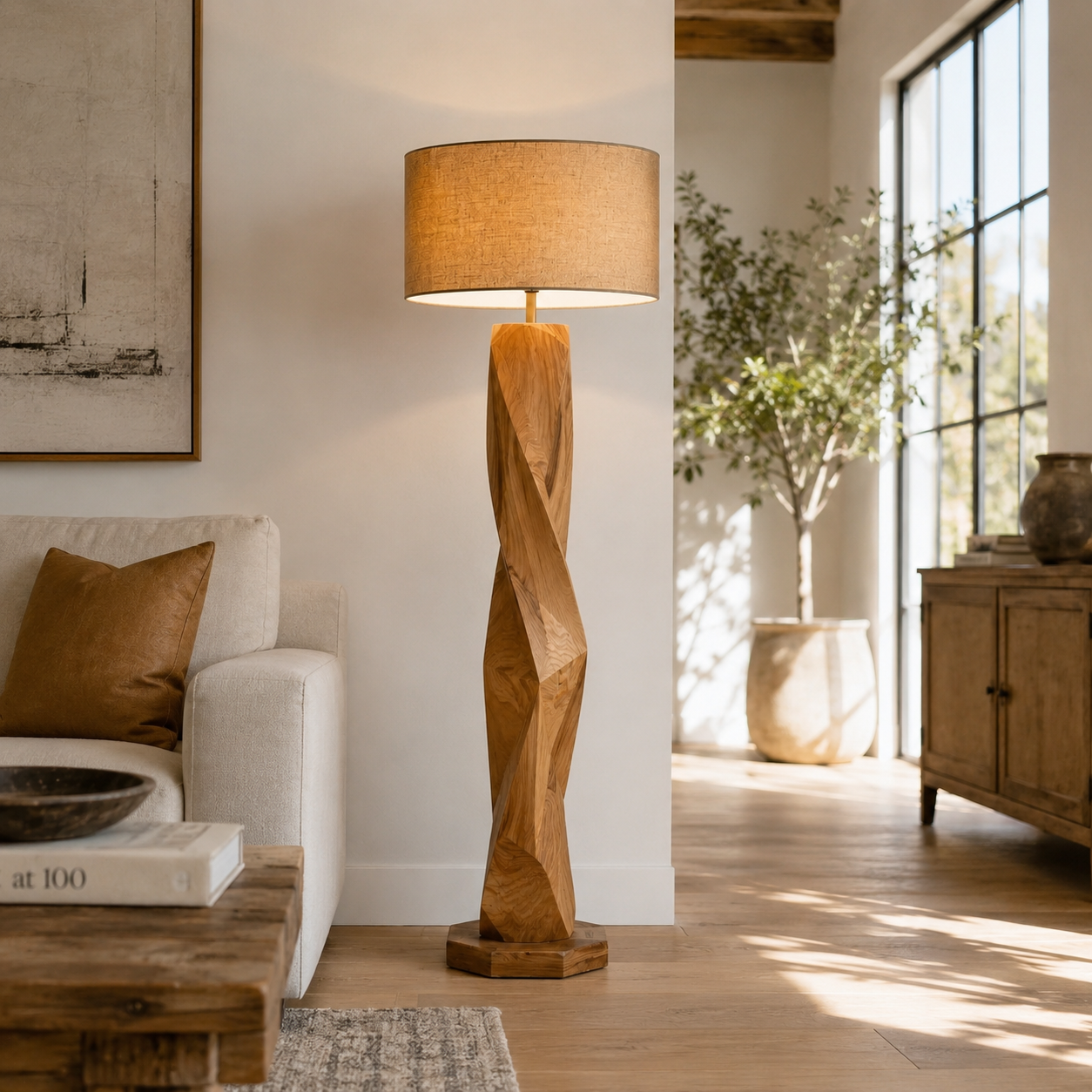 Geometric Wood Floor Lamp – Solid Wood Standing Lamp with Fabric Shade for Living Room Decor