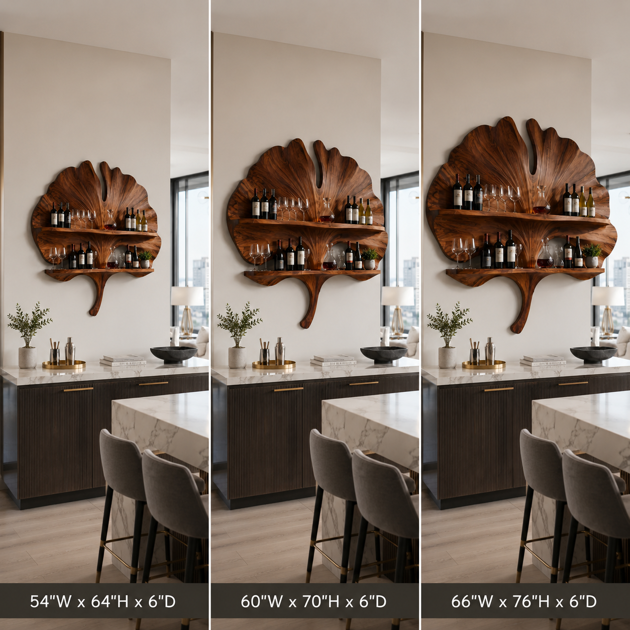 Ginkgo Leaf Wood Wall Shelf – Solid Wood Wine Display Shelf for Dining Room Decor
