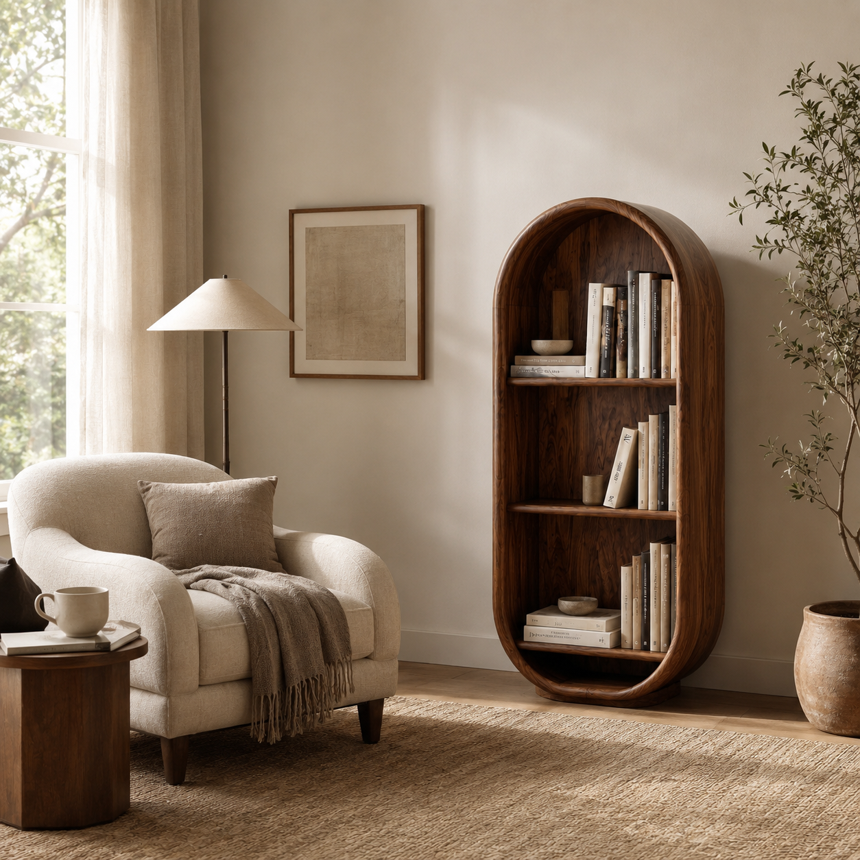 Arched Wood Bookshelf – Solid Wood Display Cabinet for Living Room Decor