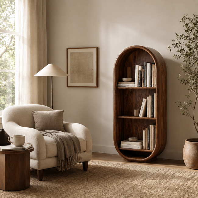Arched Wood Bookshelf – Solid Wood Display Cabinet for Living Room Decor Main Image