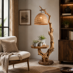 Tree Branch Floor Lamp – Solid Wood Standing Light with Shelf