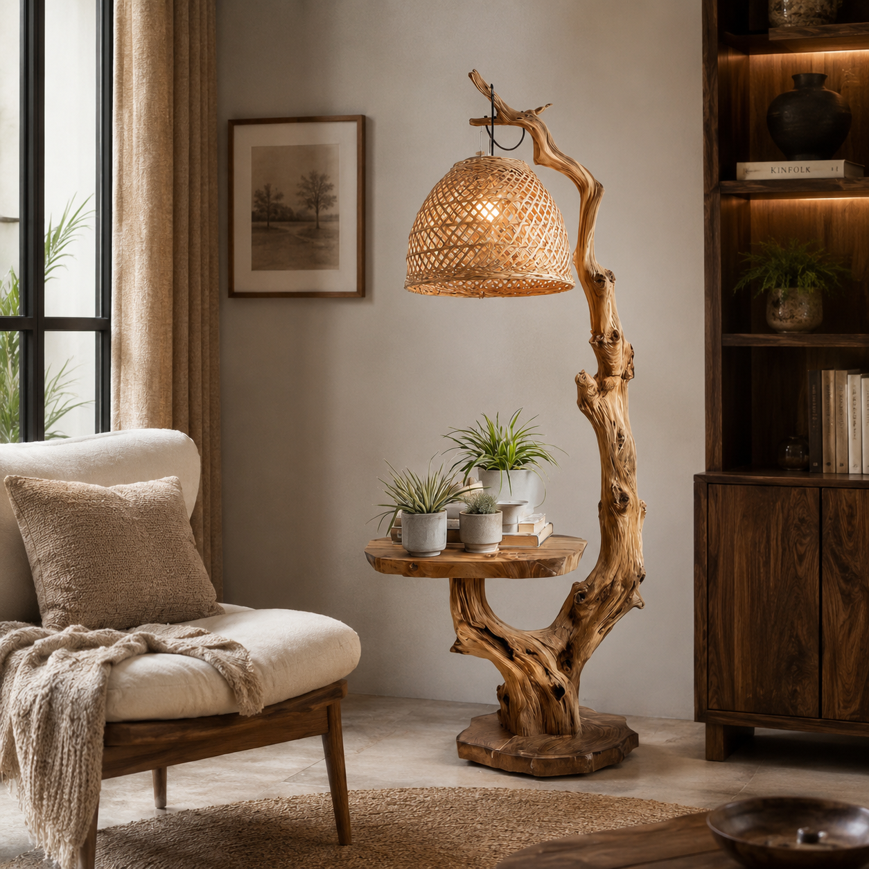 Tree Branch Floor Lamp – Solid Wood Standing Light with Shelf