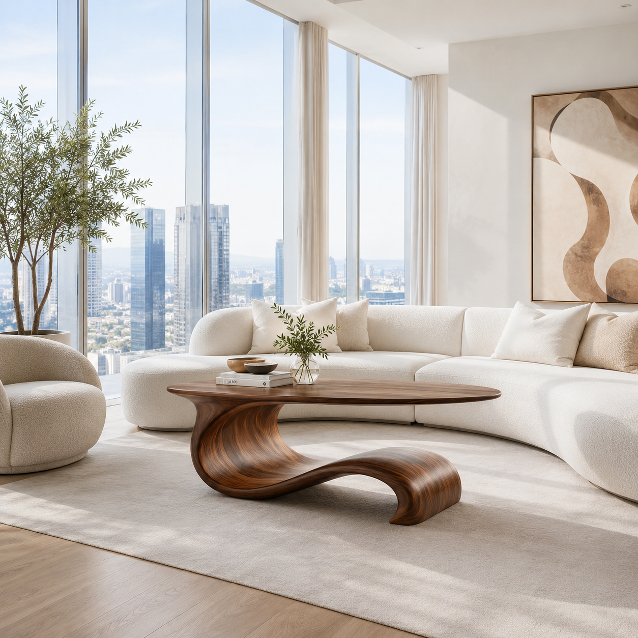 Sculptural Wave Walnut Coffee Table – Modern Curved Design