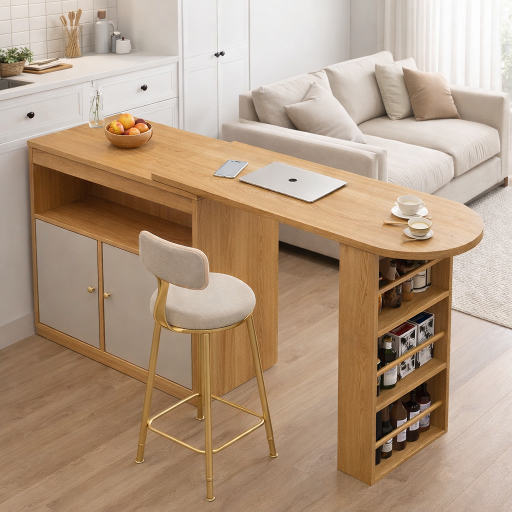 Multi-Functional Wooden Kitchen Island with Storage & Seating | Modern Space-Saving Counter Table