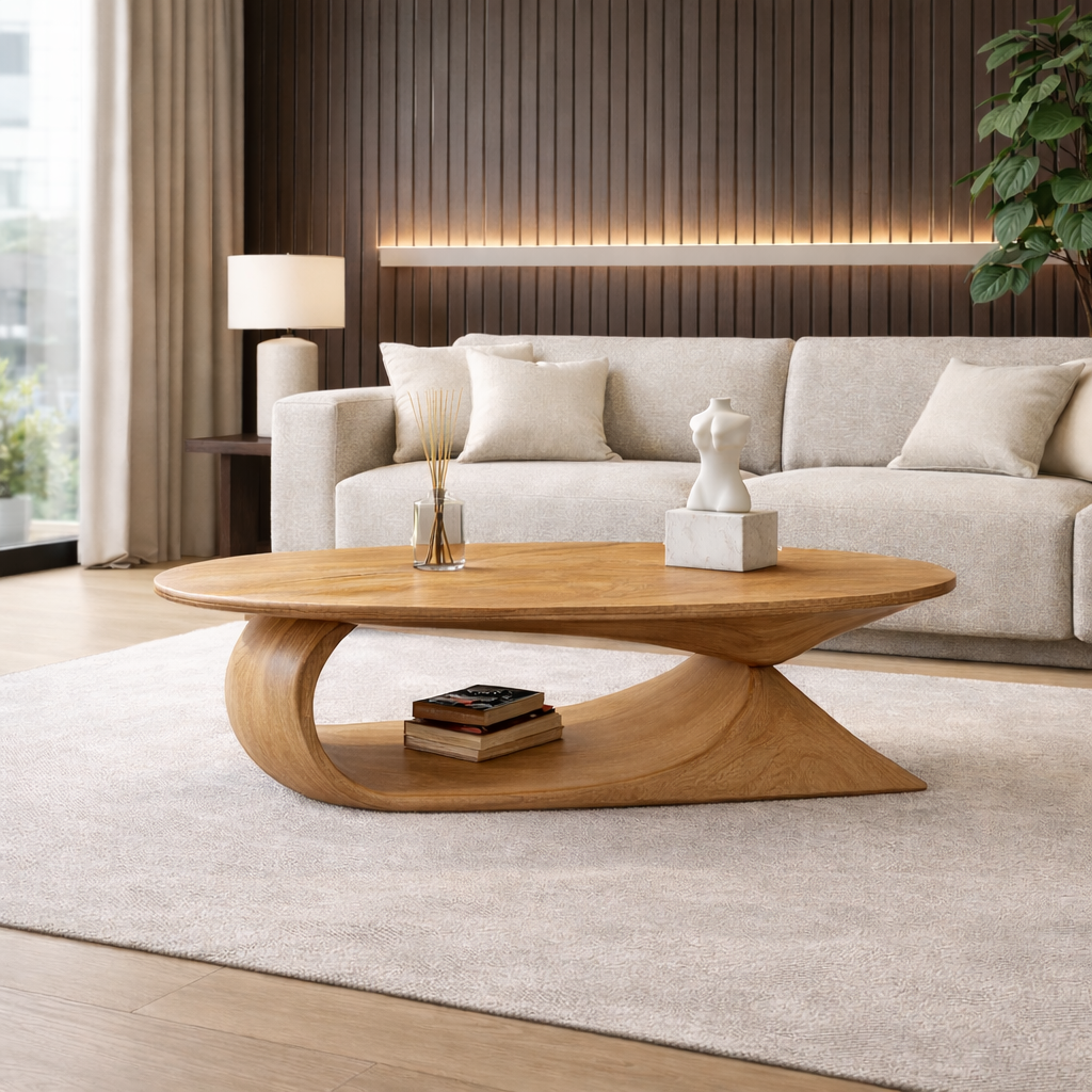 Sculptural Solid Wood Coffee Table – Organic Curved Design