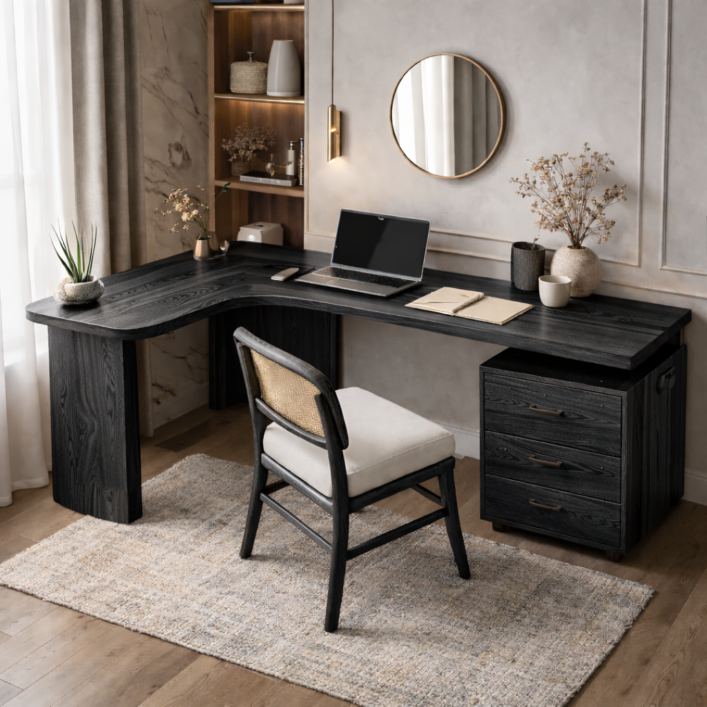 Solid Wood L-Shaped Corner Desk with Drawers for Home Office