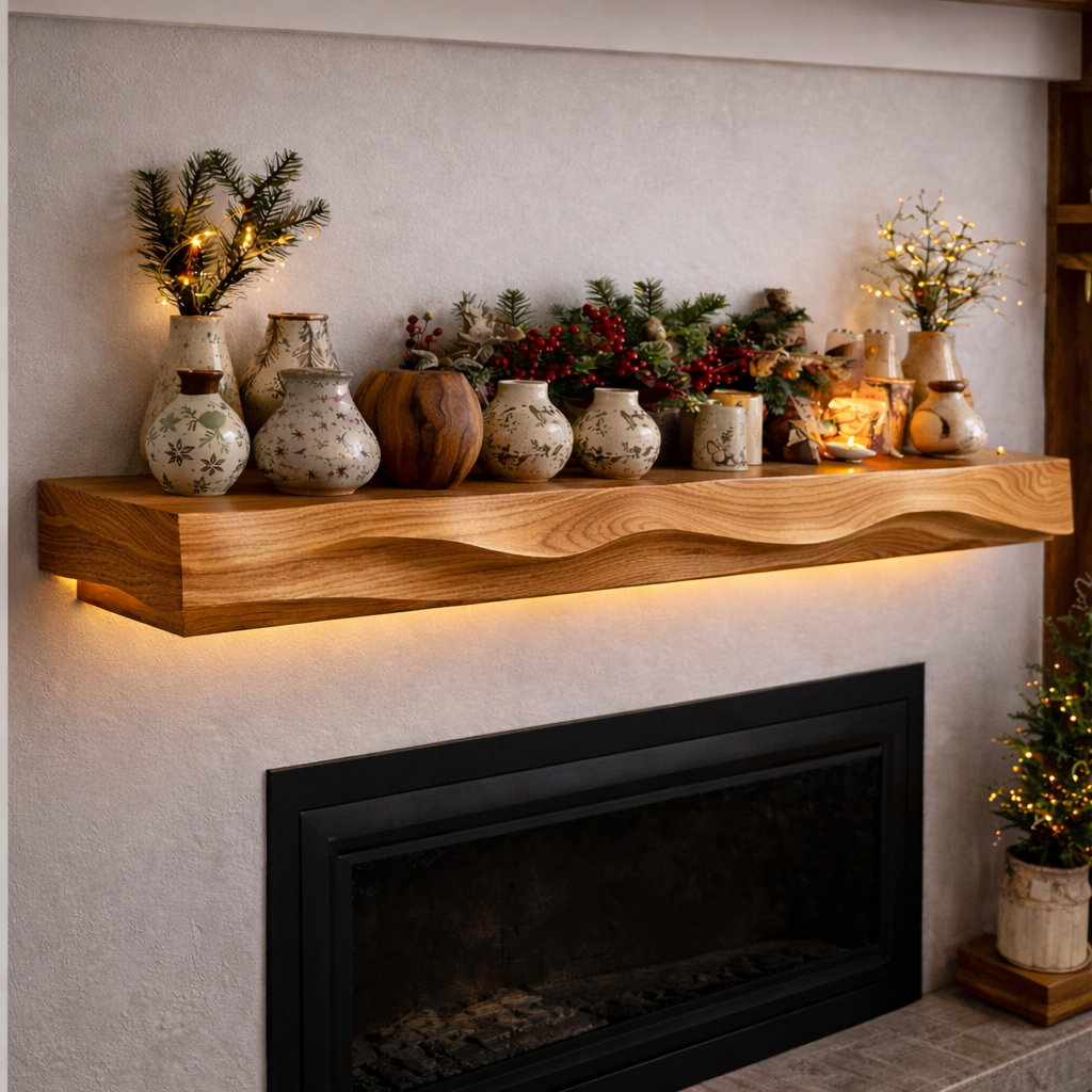 Solid Wood Live Edge Fireplace Mantel – Warm Rustic Accent Shelf