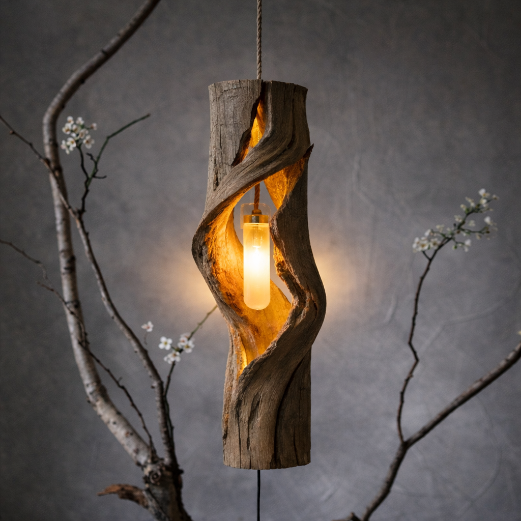 Sculptural Hanging Lamp – Solid Wood Cutout Pendant Light for Modern Home Deco