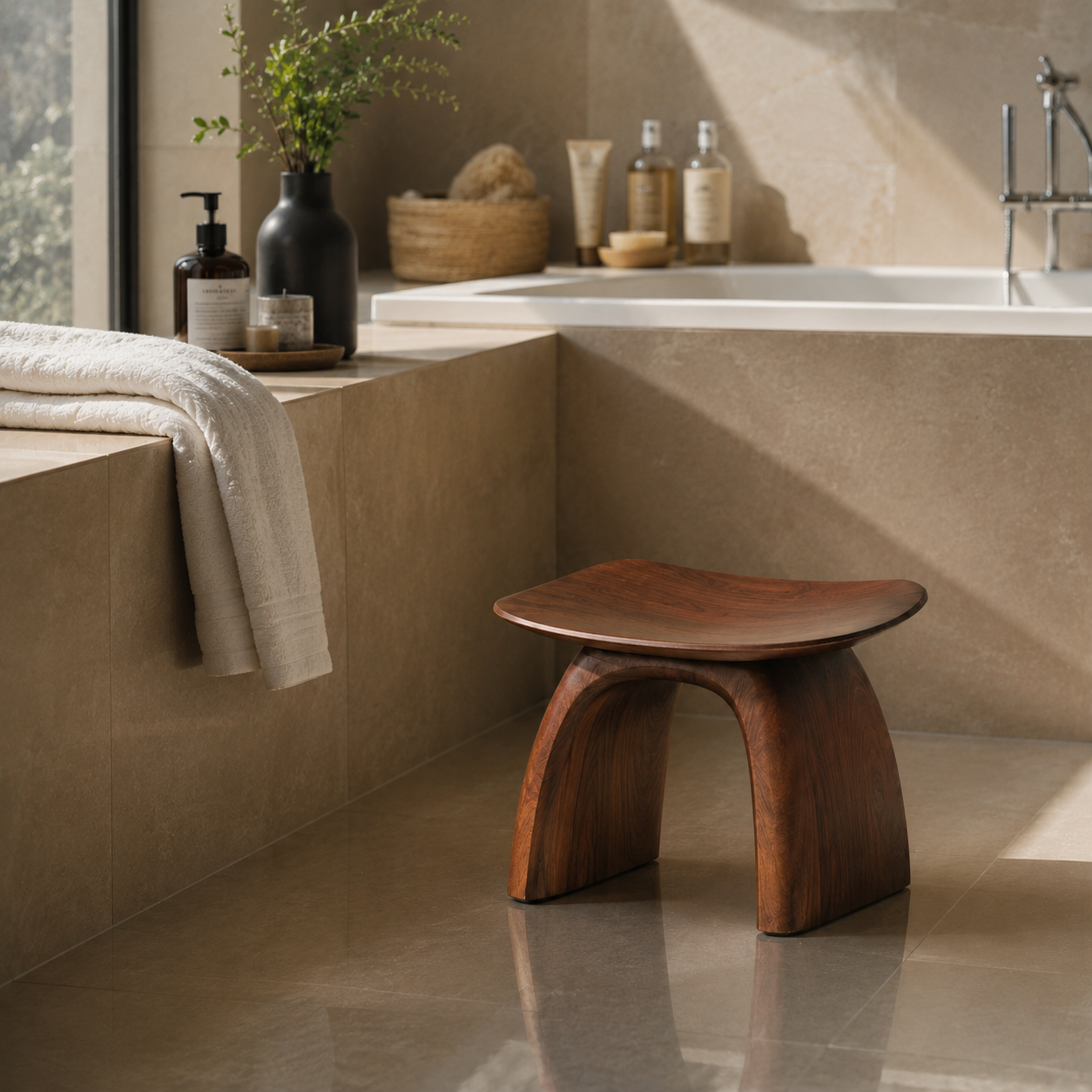 Curved Wood Bathroom Stool – Solid Wood Low Spa Seat for Bathroom Decor