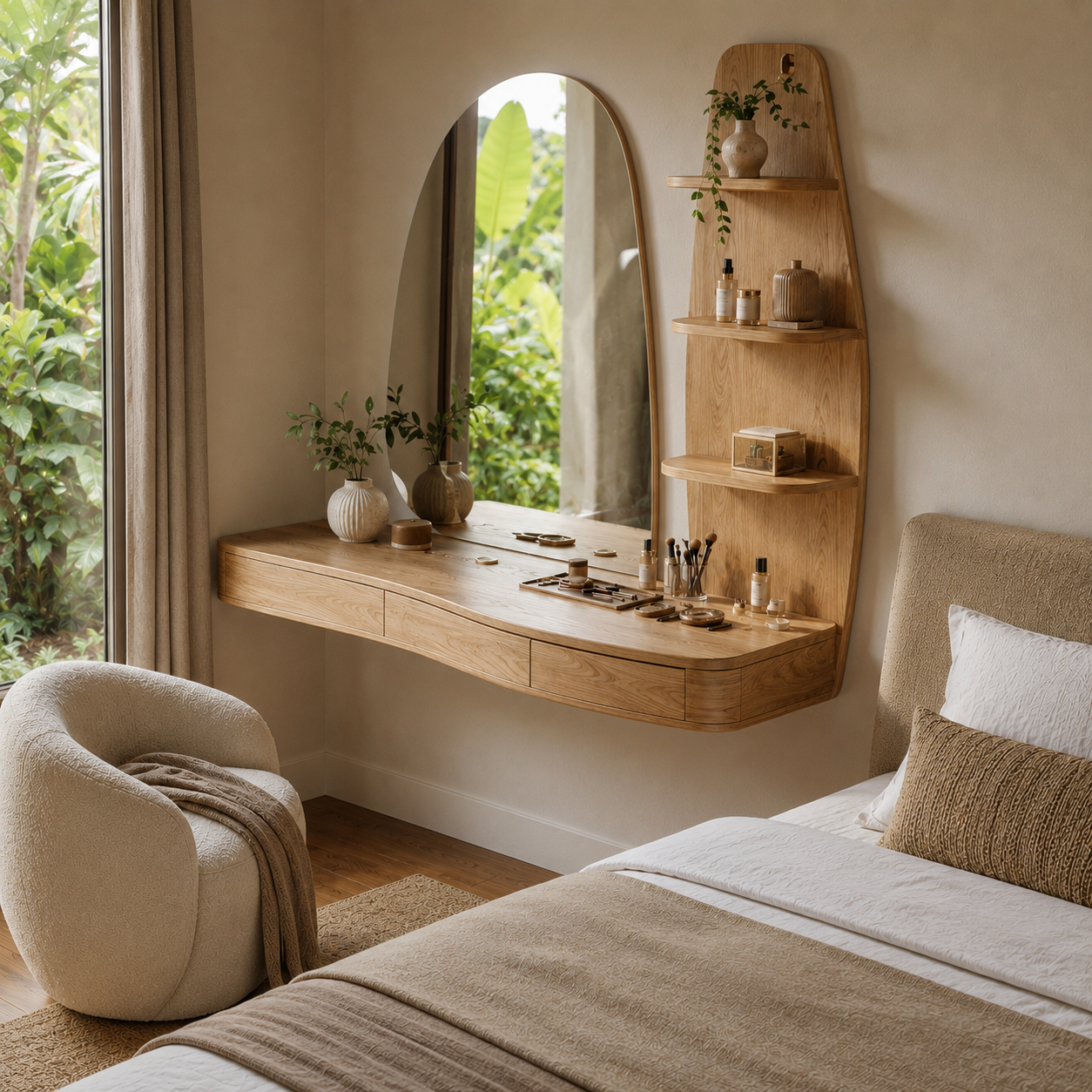 Floating Wood Vanity Desk – Solid Wood Wall Mounted Makeup Table for Bedroom Decor