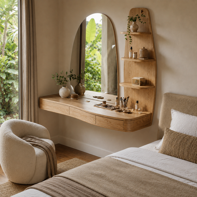 Floating Wood Vanity Desk – Solid Wood Wall Mounted Makeup Table for Bedroom Decor Main Image