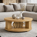 Round Sculptural Walnut Coffee Table with Storage Shelf – Modern Design