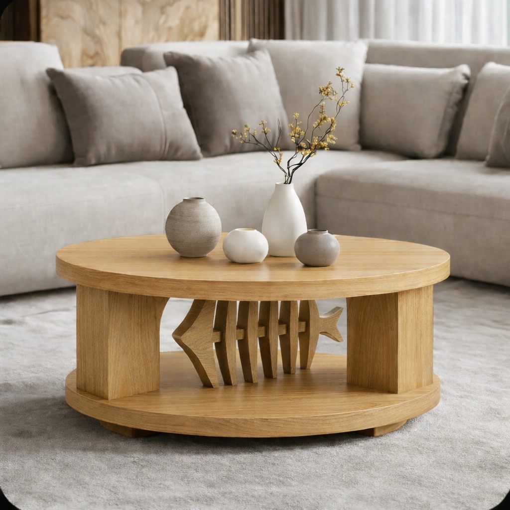 Round Sculptural Walnut Coffee Table with Storage Shelf – Modern Design