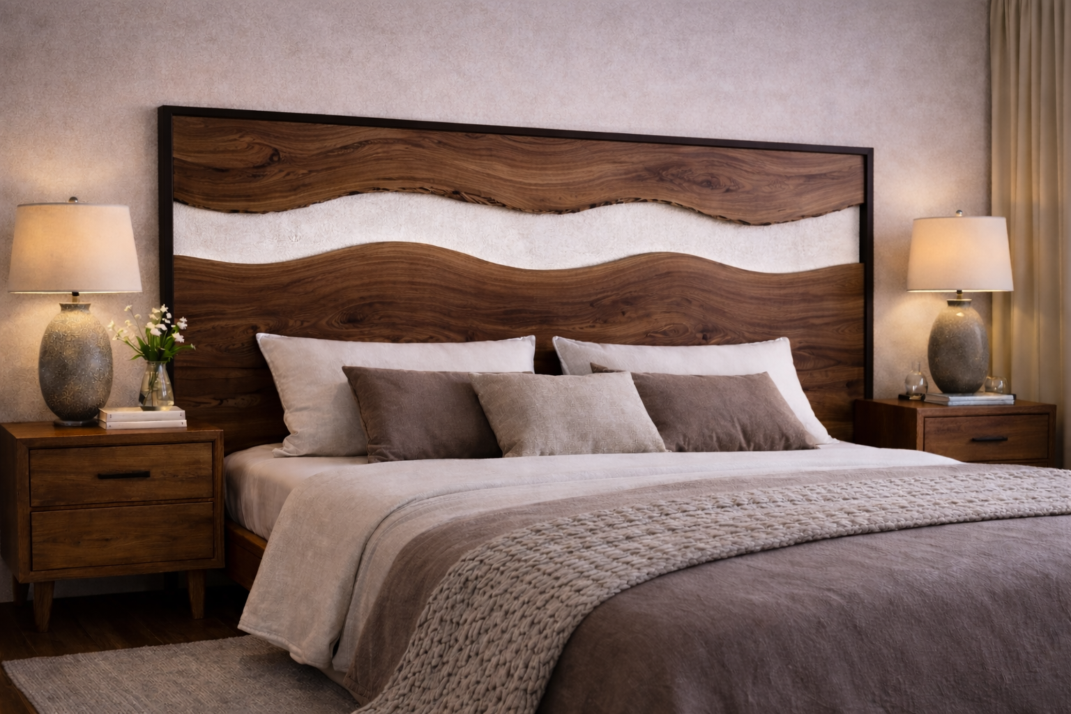 Solid Wood Wave Headboard – Sculptural Open Design