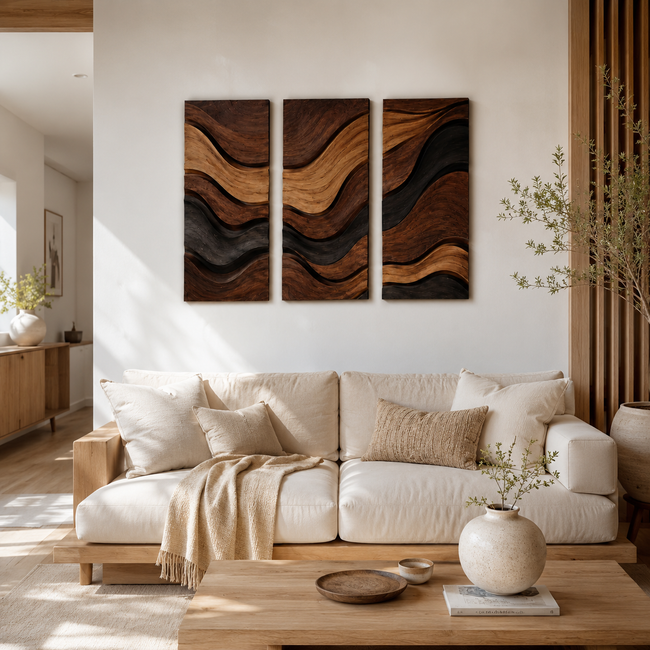 Wave Wood Wall Art – Solid Wood 3 Panel Carved Wall Decor for Living Room Decor Hover Image