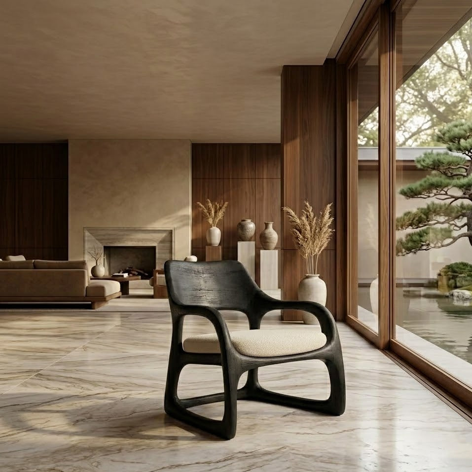 Sculptural Lounge Chair – Solid Wood Accent Chair with Cushioned Seat