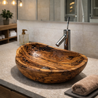 Hand-Carved Solid Wood Vessel Sink – Natural Grain Bathroom Basin