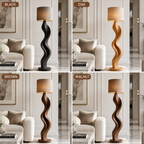 Sculptural Wood Floor Lamp – Solid Wood Standing Lamp with Fabric Shade for Living Room Decor