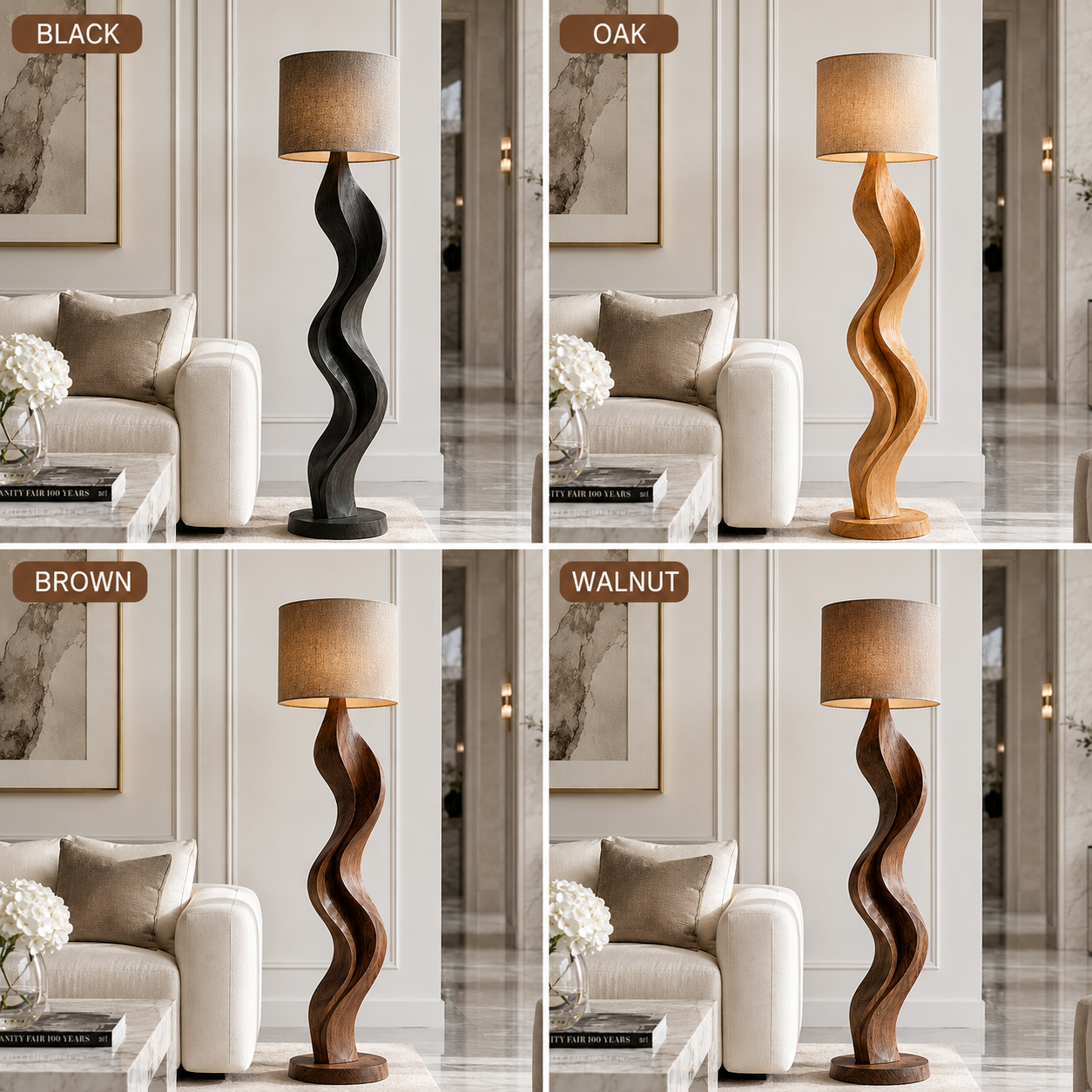 Sculptural Wood Floor Lamp – Solid Wood Standing Lamp with Fabric Shade for Living Room Decor