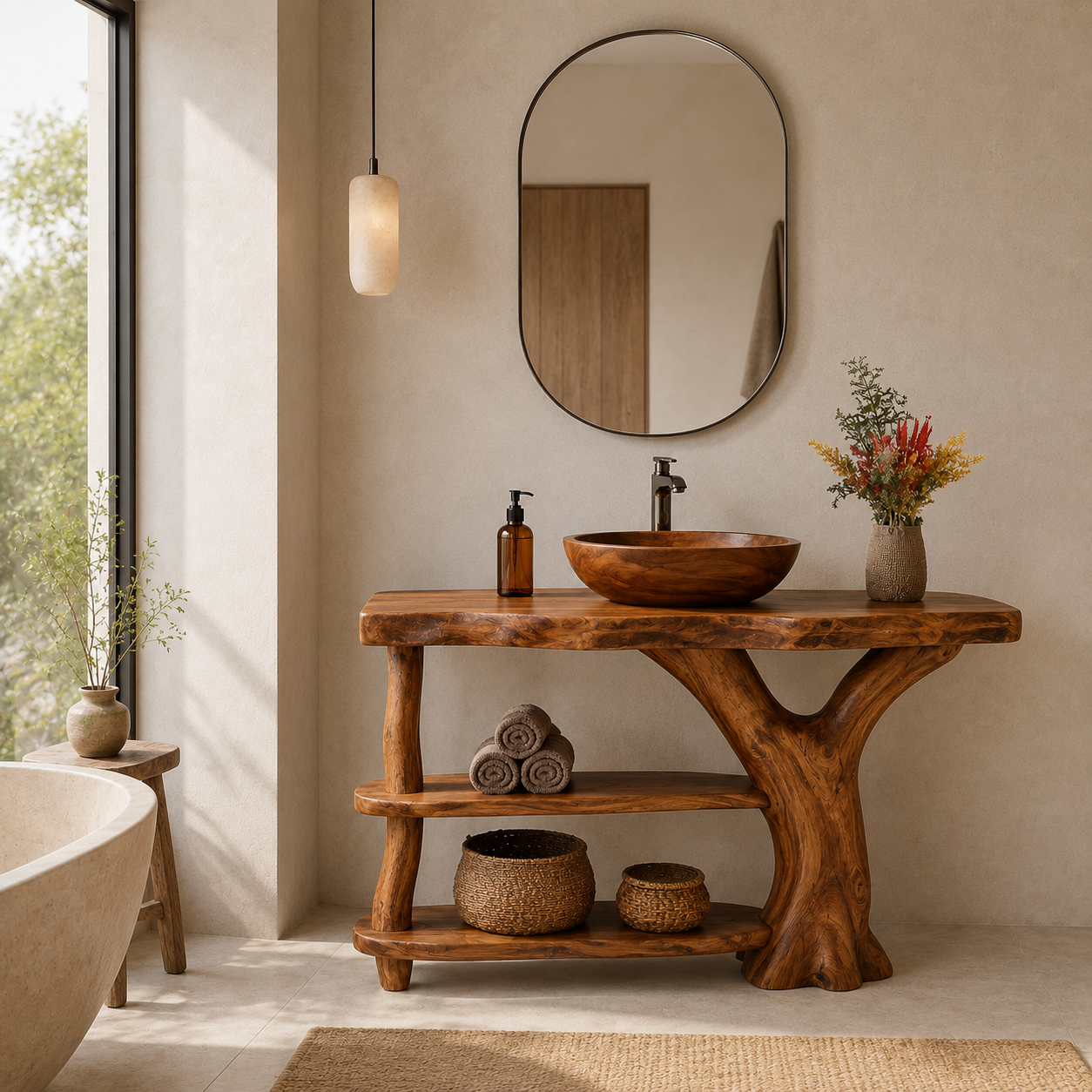 Live Edge Wood Bathroom Vanity – Solid Wood Sink Console with Storage Shelf for Bathroom Decor