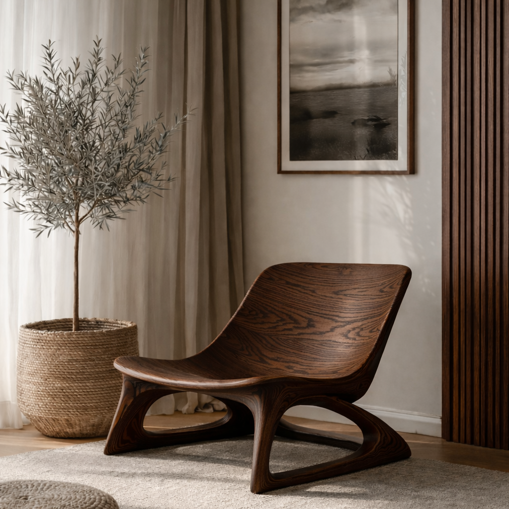 Curved Solid Wood Lounge Chair with Upholstered Seat – Modern Accent Chair