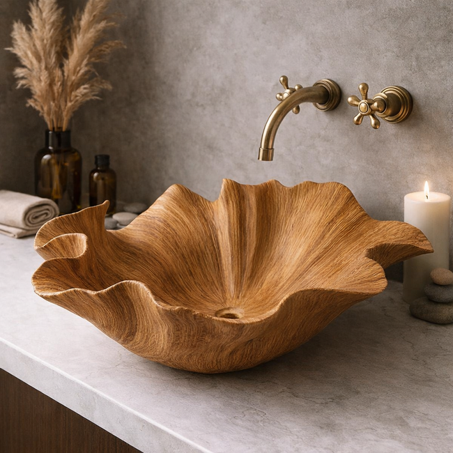 Handcrafted Wooden Leaf Sink Basin - Natural Bathroom Sink Hover Image