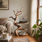 Tree Branch Wooden Side Table – Sculptural Solid Wood Accent Table with Storage Shelves