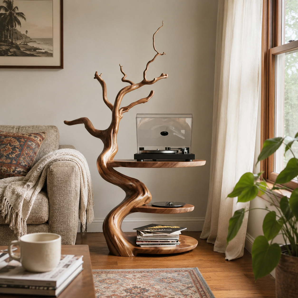 Tree Branch Wooden Side Table – Sculptural Solid Wood Accent Table with Storage Shelves