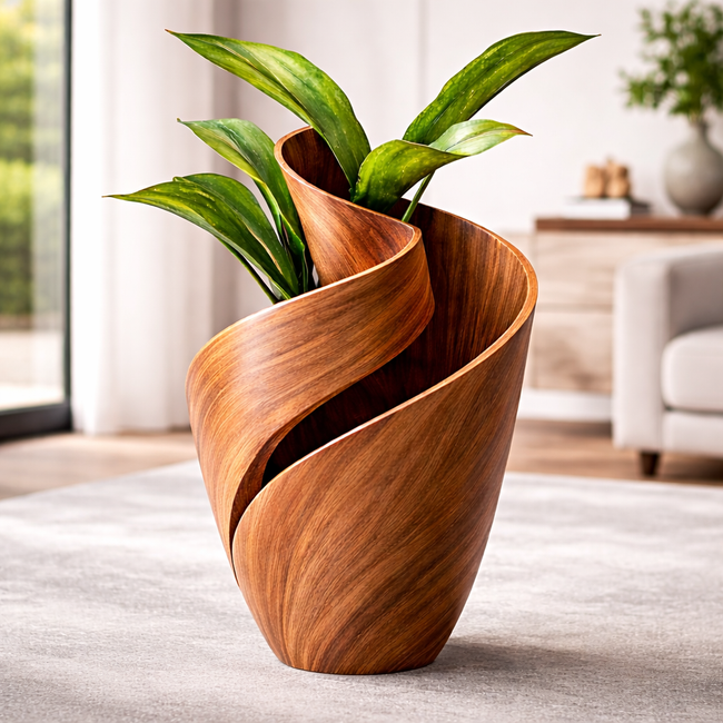 Sculptural Wooden Twist Vase with Greenery – Elegant Home Décor Hover Image