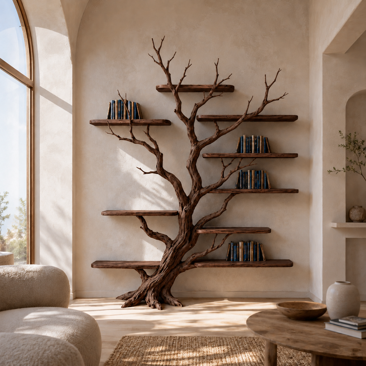 Tree Branch Bookcase – Solid Wood Display Shelf for Living Room