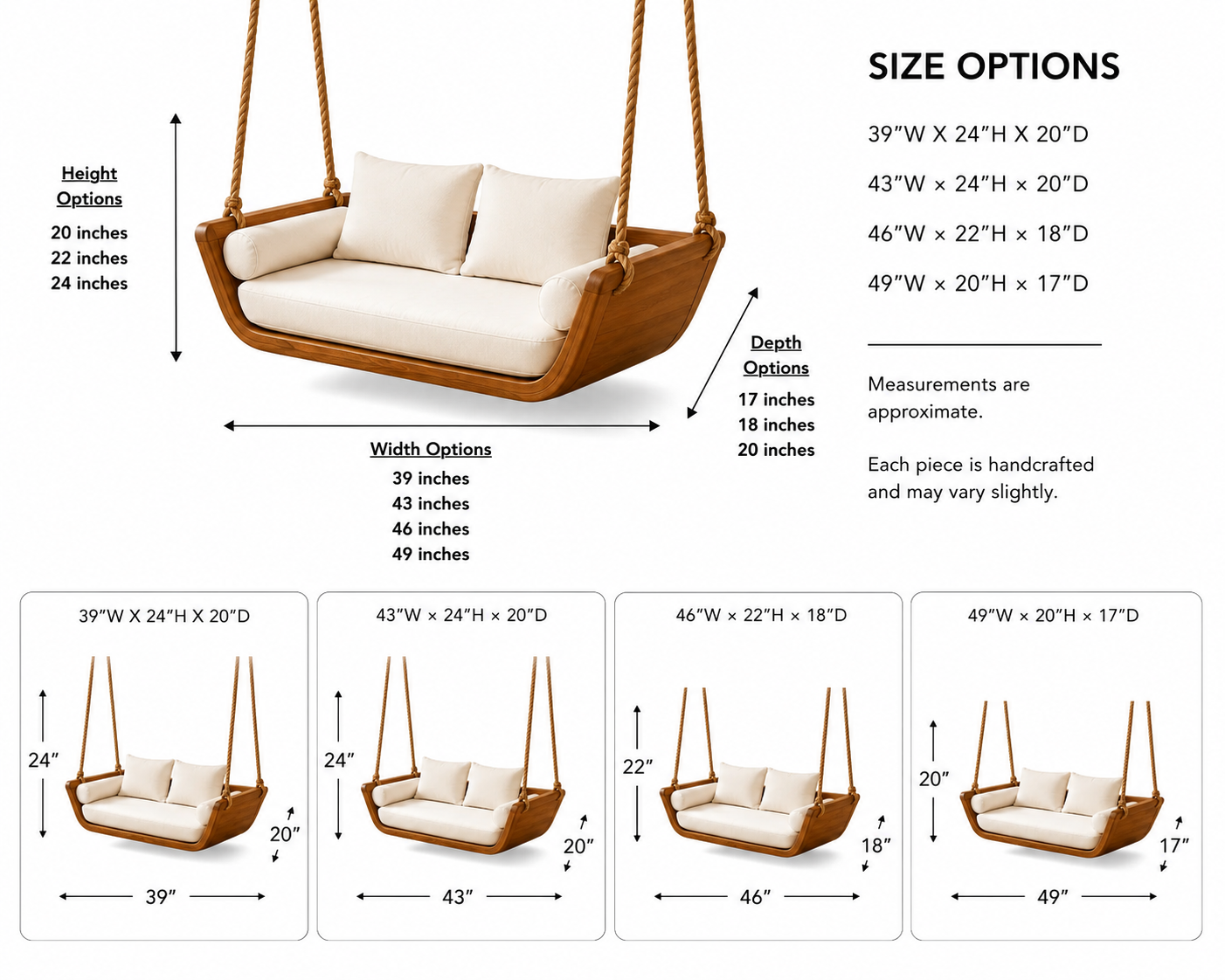 Wood Hanging Swing Sofa – Solid Wood Porch Swing with Cushions for Outdoor Decor