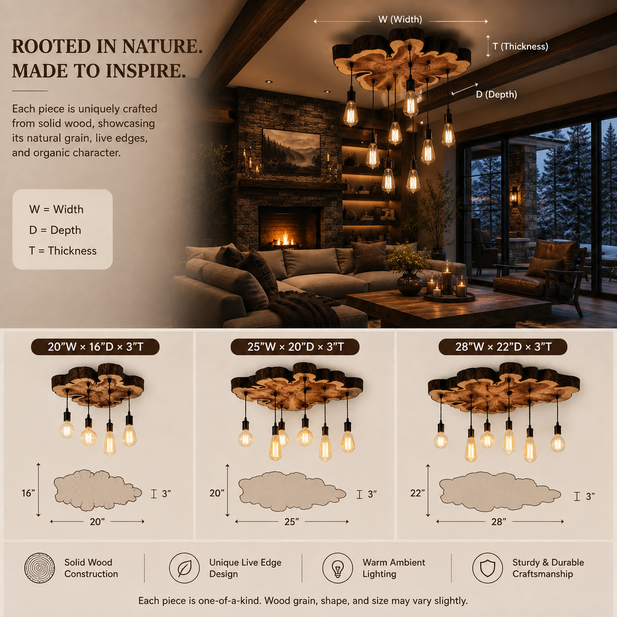 Wood Pendant Light – Solid Wood Ceiling Lamp with Hanging Bulbs