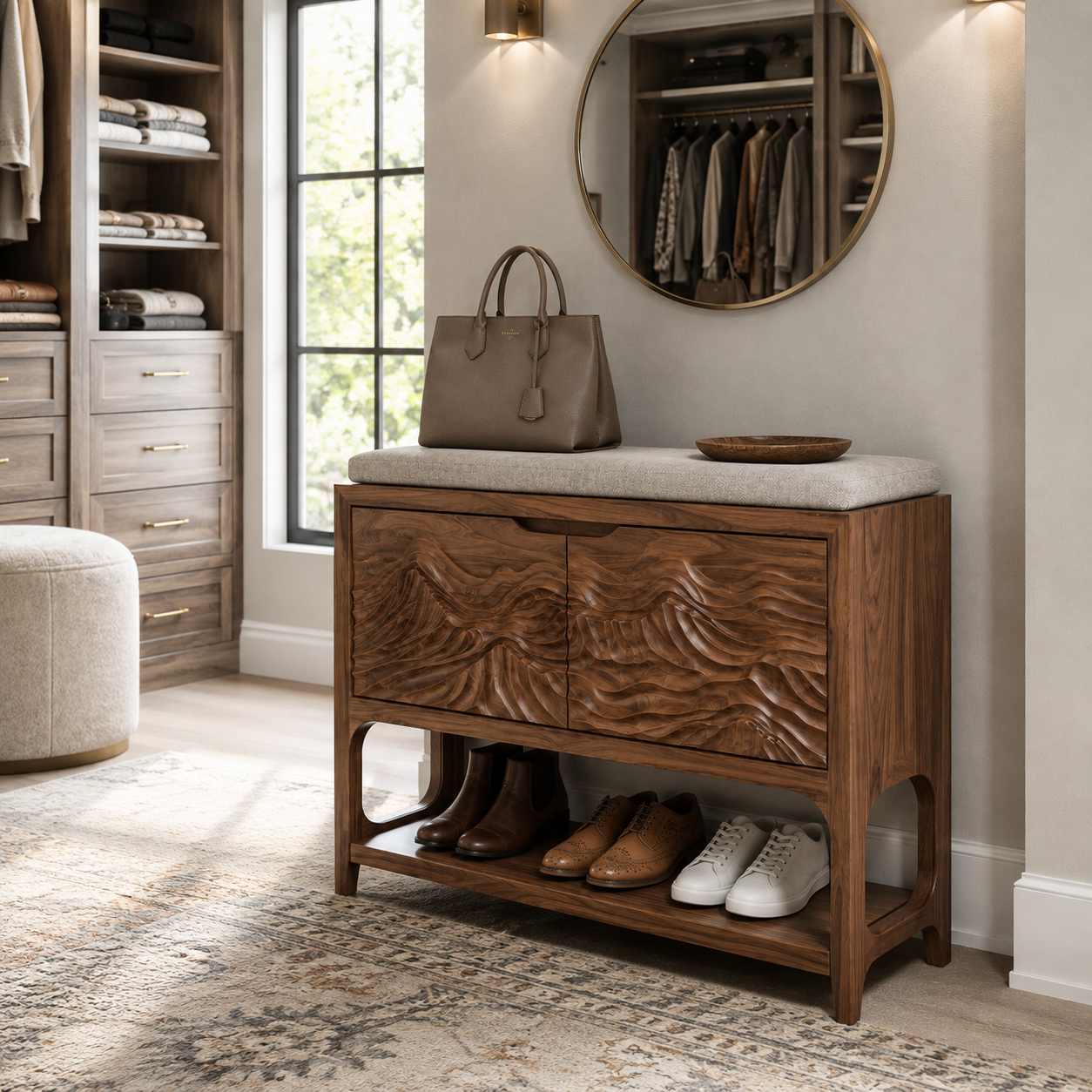Carved Wave Entryway Shoe Bench