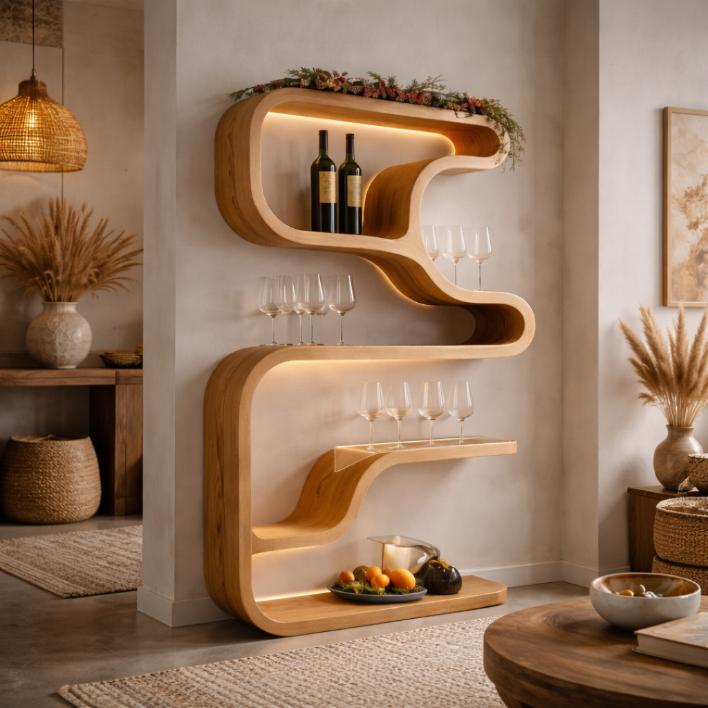 S-Shaped Floating Shelf – Solid Wood Wall Shelf with Storage