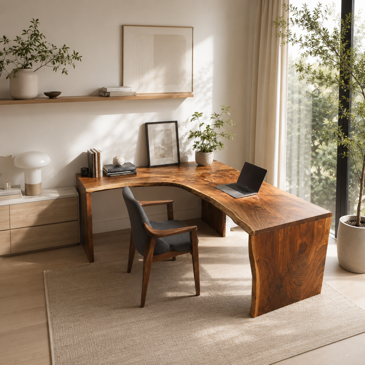 Live Edge L-Shaped Wood Desk – Solid Wood Corner Office Desk for Home Office Decor