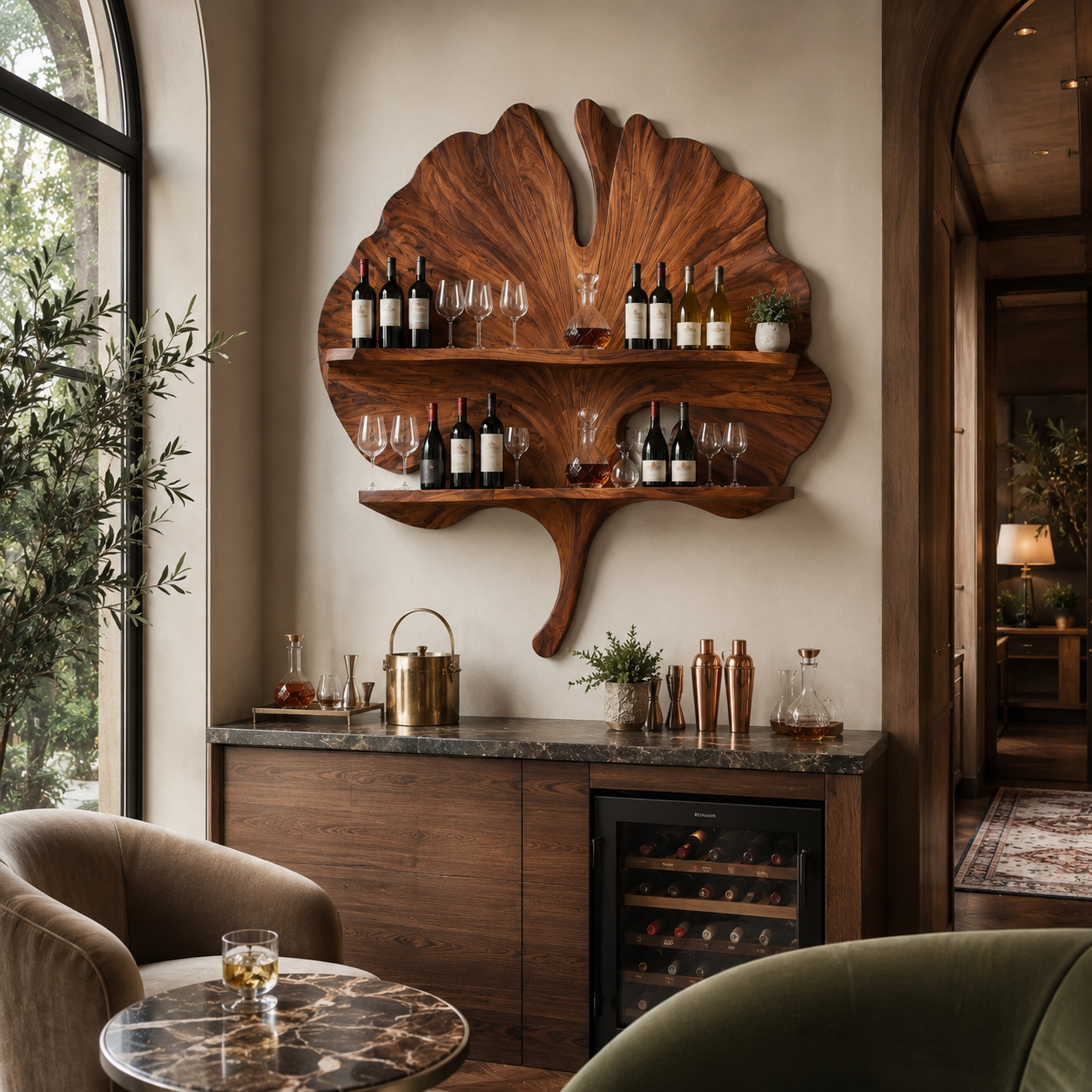 Ginkgo Leaf Wood Wall Shelf – Solid Wood Wine Display Shelf for Dining Room Decor