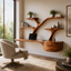 Tree Branch Wood Floating Desk – Solid Wood Wall Mounted Desk with Display Shelves for Home Office Decor