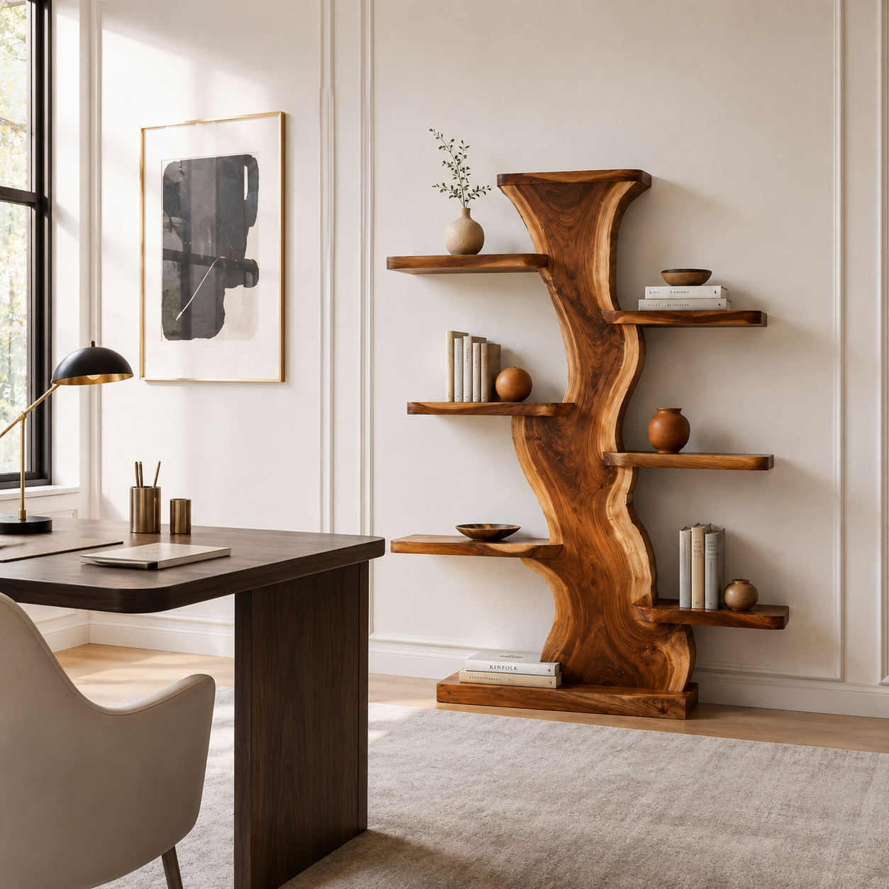 Tree Trunk Wood Bookshelf – Solid Wood Display Shelf for Living Room Decor