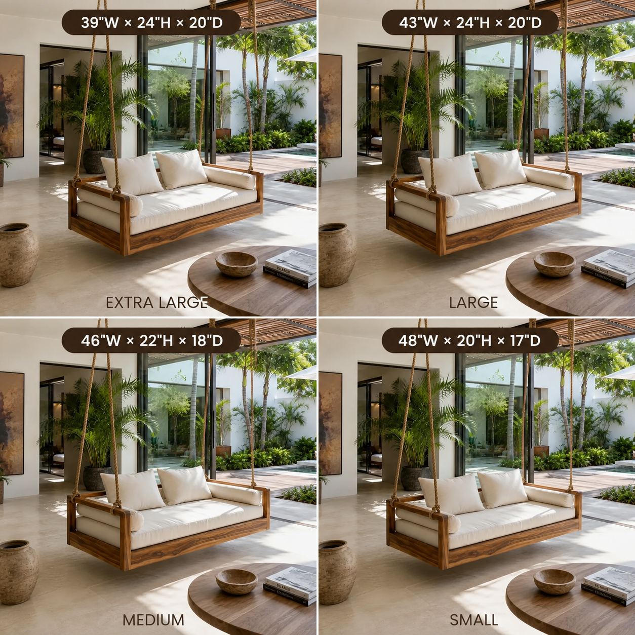 Wood Hanging Porch Swing – Solid Wood Outdoor Swing Sofa with Cushions for Patio Decor