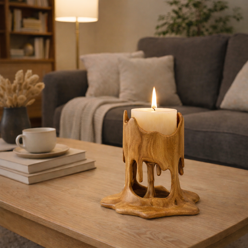 Handcrafted Wooden Drip Candle Holder – Natural Design