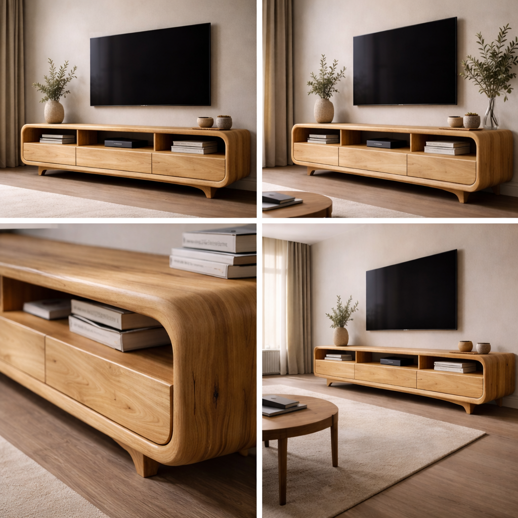 Solid Wood Curved Media Console – Low Profile TV Stand