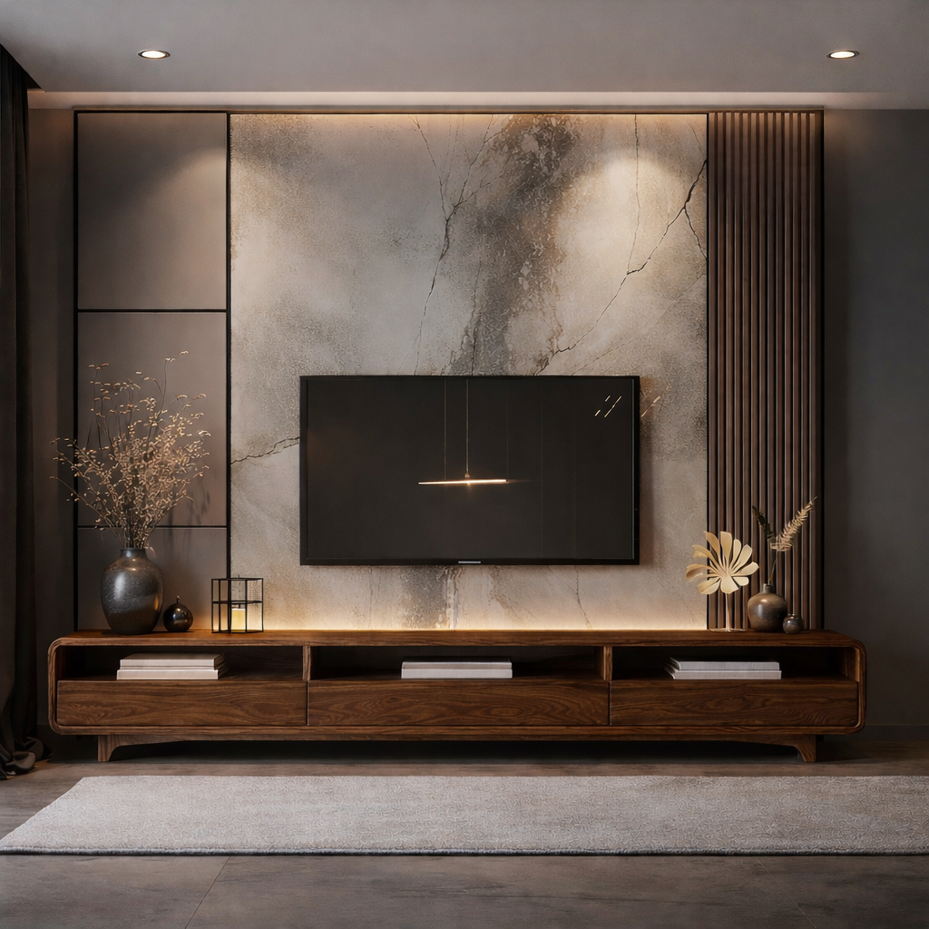Solid Wood Curved Media Console – Low Profile TV Stand