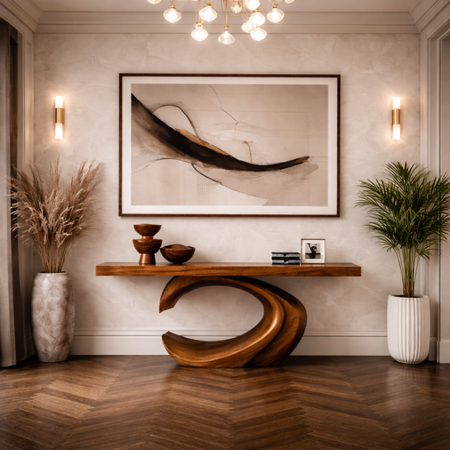 Sculptural Solid Wood Console & Abstract Wall Art Set – Modern Curved Design Hover Image