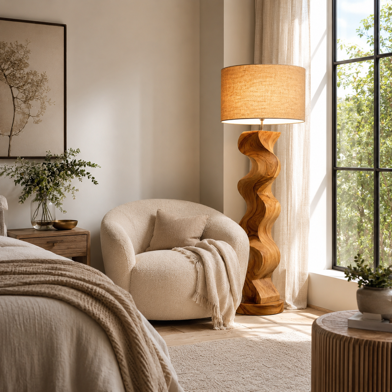 Sculptural Wood Floor Lamp – Solid Wood Wavy Standing Lamp with Fabric Shade for Living Room Decor