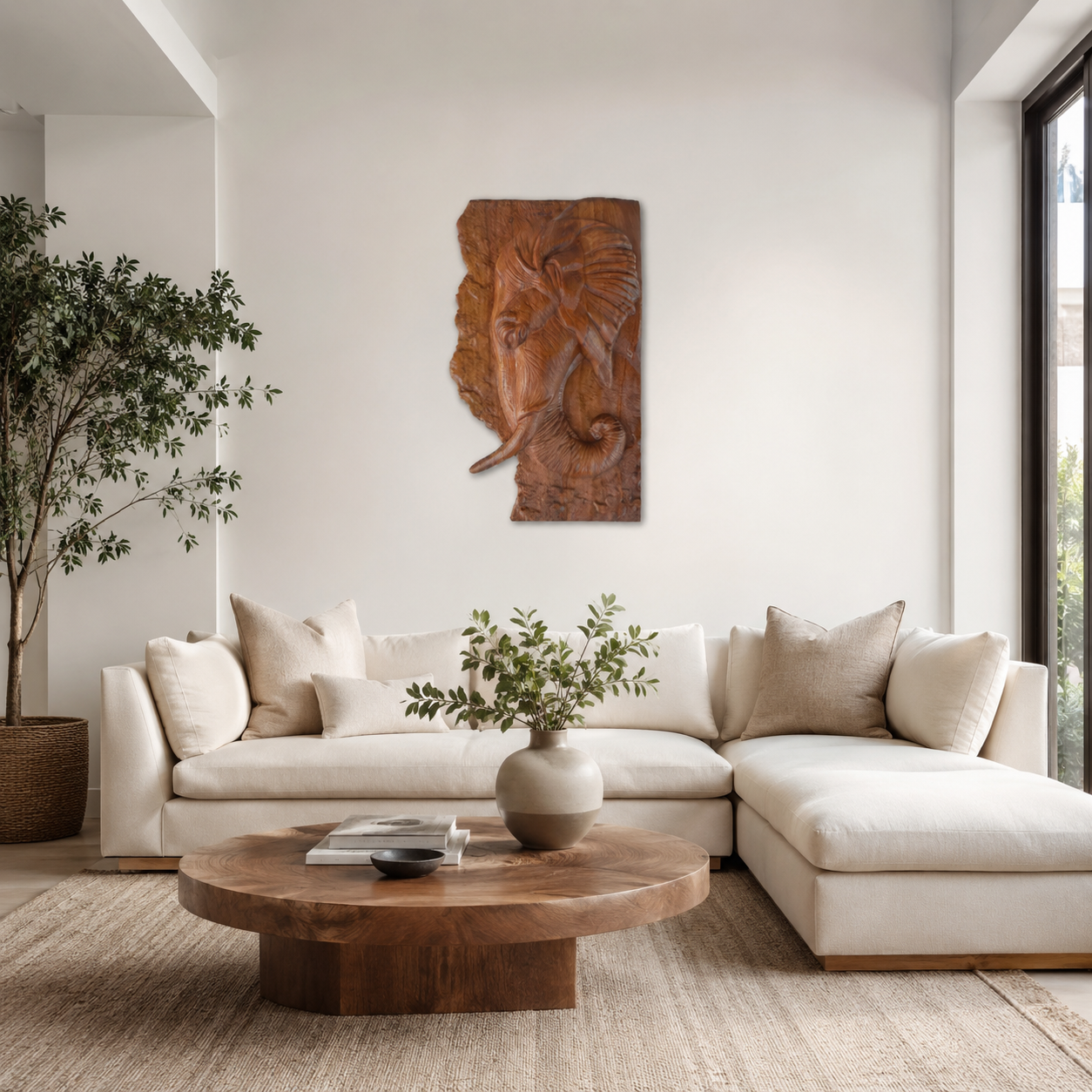 Elephant Wood Wall Art – Solid Wood 3D Relief Carving for Living Room Decor