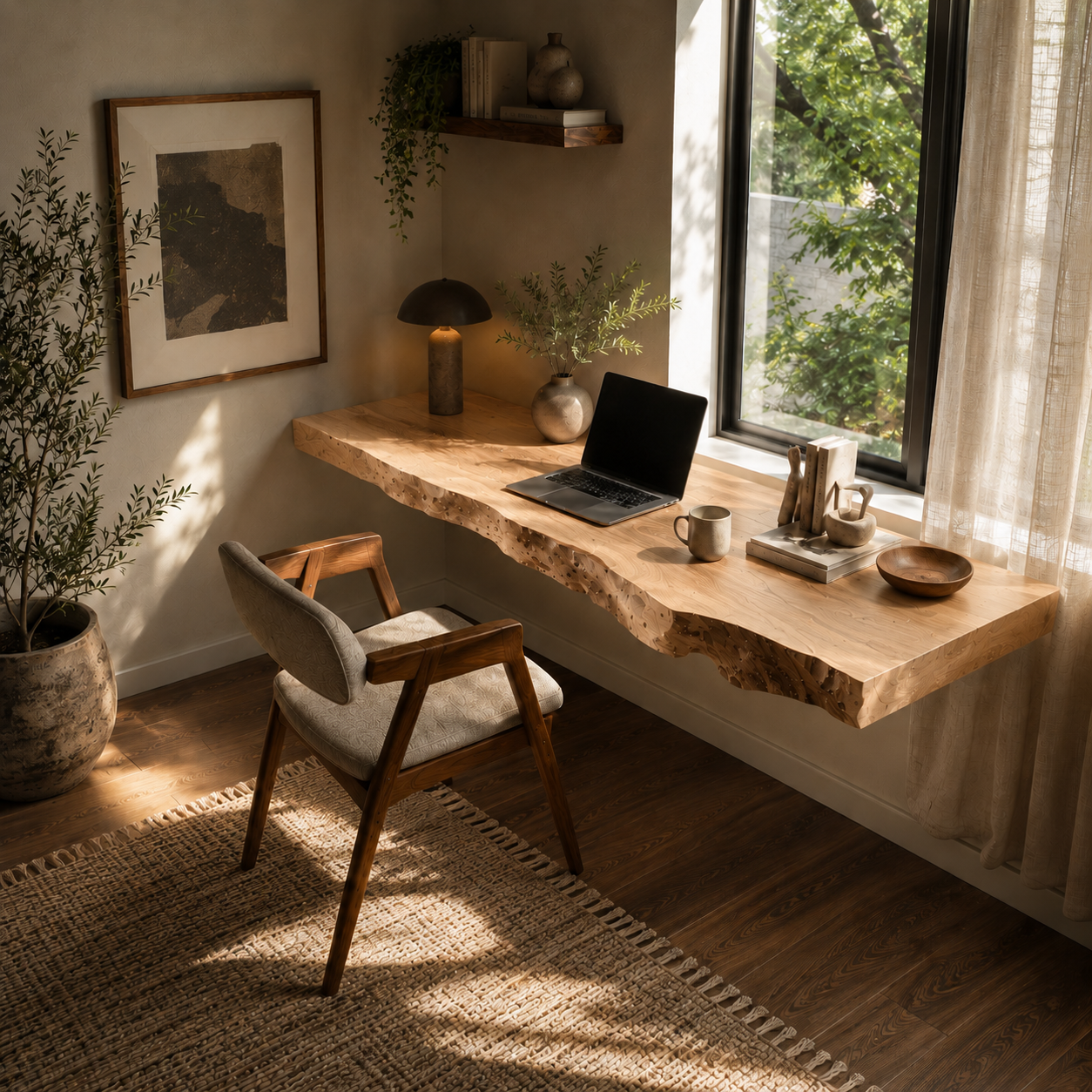Live Edge Solid Wood Floating Desk – Modern Wall Mounted Wooden Desk for Home Office