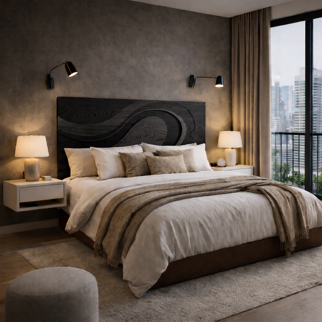 Modern Solid Wood Bed with Wave Headboard | Sculptural Luxury Bedroom Furniture Main Image