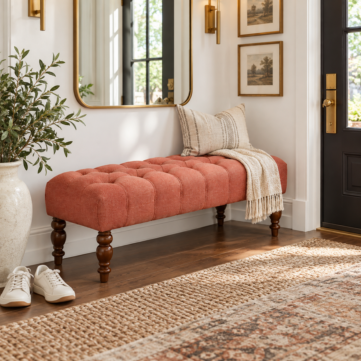 Tufted Upholstered Bench with Turned Wood Legs